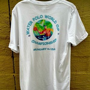 Canva custom vintage parody XL R shirt. Retro. White with bold colors.